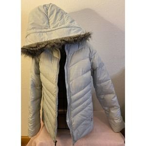 COLUMBIA Duck Down Light Blue Women's Sz M--Removable Faux Fur Trim Hood